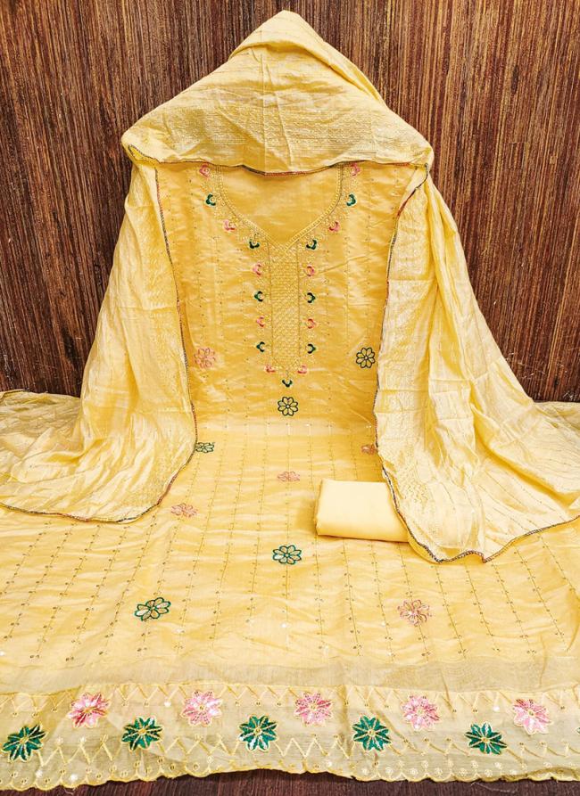 Chanderi Yellow Festival Wear Embroidery Work Dress Material